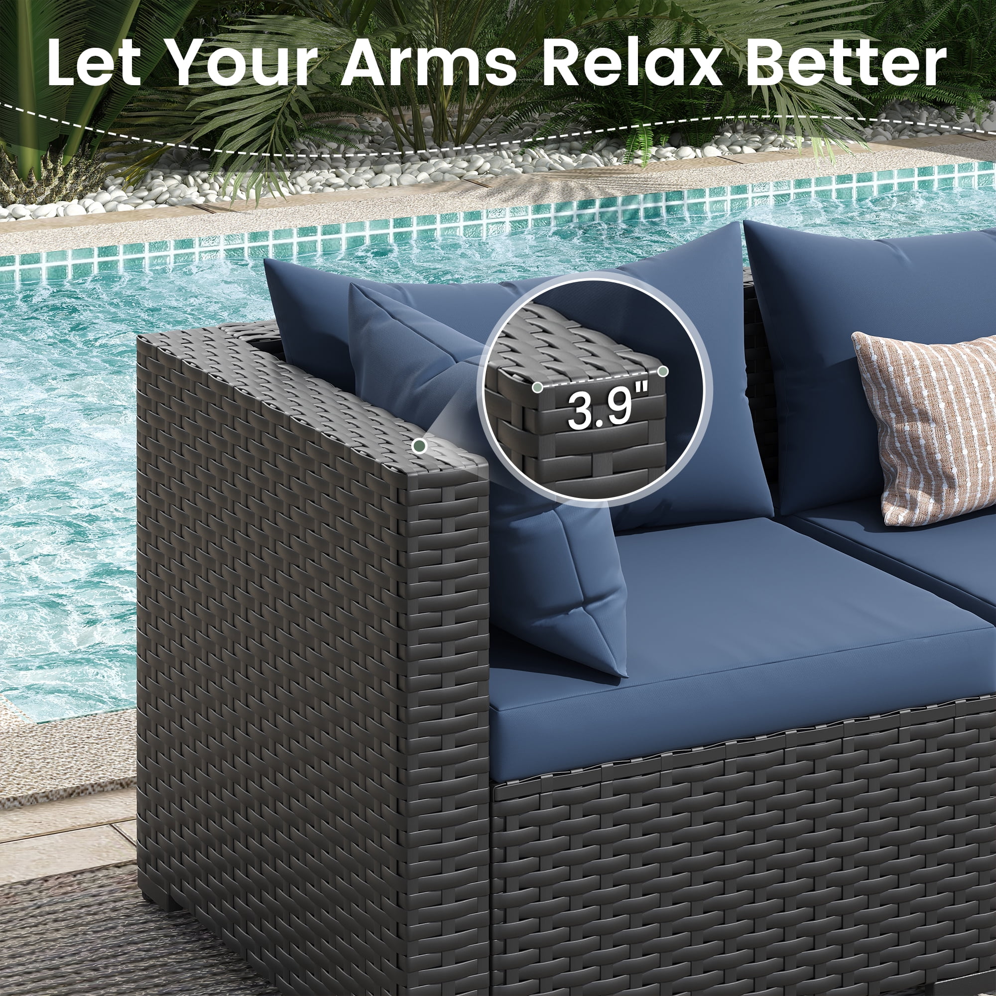 POTEBAN 7 Pieces Patio Conversation Set, Outdoor Black PE Wicker Sectional Sofa for Backyard Garden, Blue