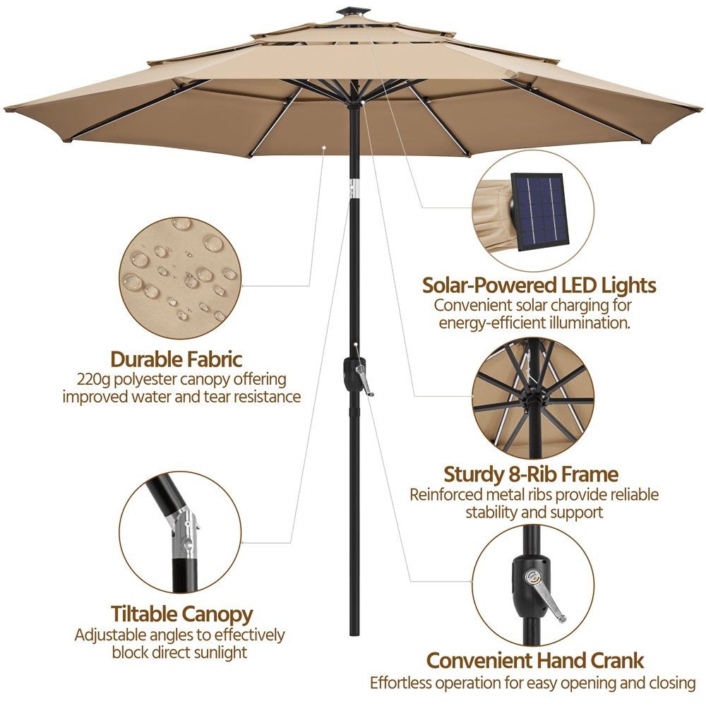 Renwick 10 Ft Outdoor Patio Parasol with Color-Changing LED Strip, Tan