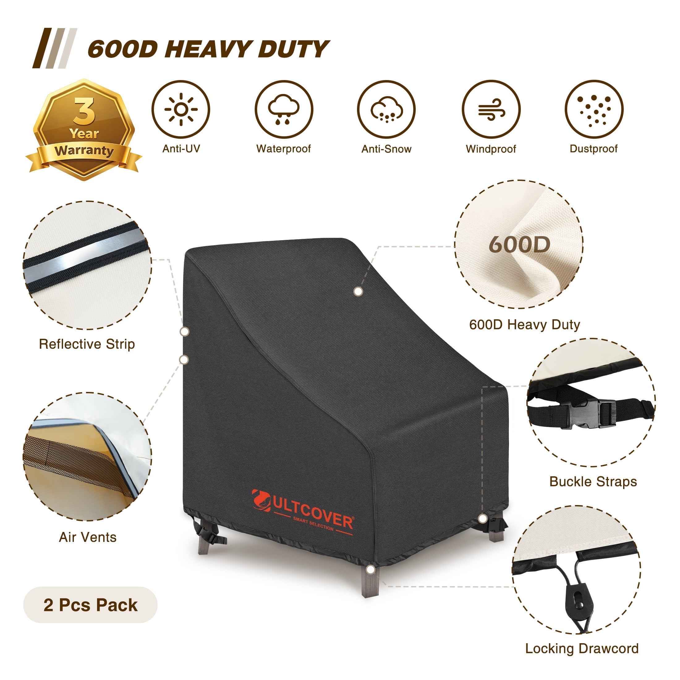 ULTCOVER Smart Selection 28"x30" Patio Chair Covers 2 pack Heavy Duty 600D PVC Oxford Outdoor Chair Cover Waterproof Dustproof UV & Tear Resistant