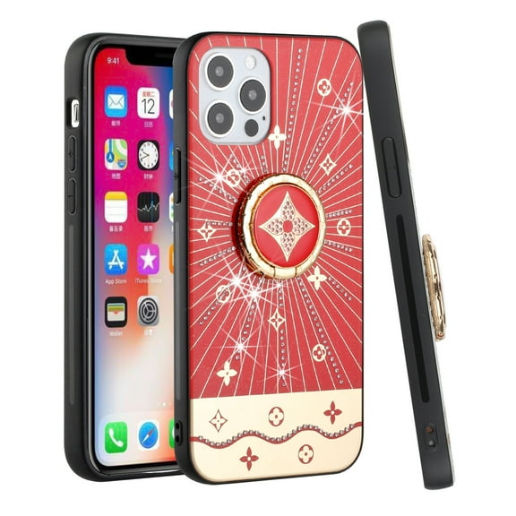 For Apple iPhone XR Diamond Bling Sparkly Glitter Ornaments Hybrid Armor Ring Stand Holder Rugged Fashion Cover ,Xpm Phone Case [ Red Harmony Rays ]