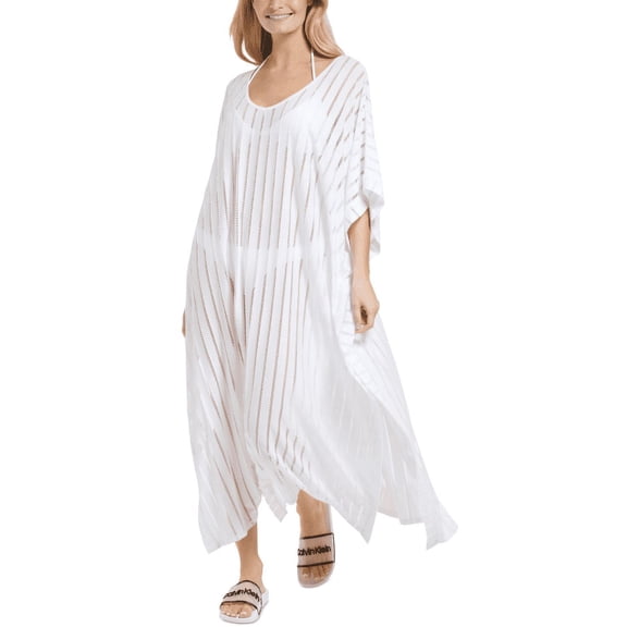 Calvin Klein Striped Maxi Caftan Cover-Up Women's Swimsuit, White, 1 Size
