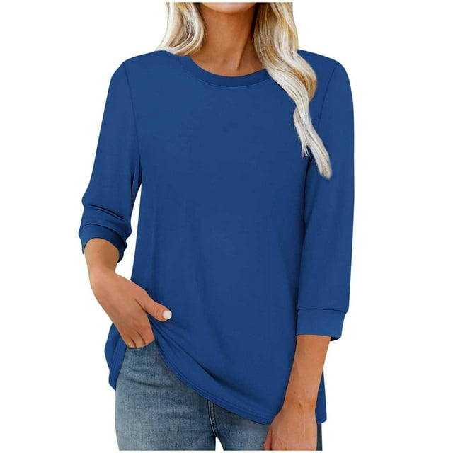 Enjoytime Blouses pour Femmes Chic Décontracté Couleur Unie Col Rond Manches 3/4 Hauts Tendance Chemises de Travail Business Bleu m