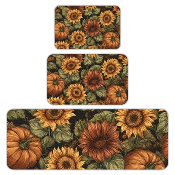 RKSupls Kitchen Rug Set 3 Piece Anti-Slip Flannel Floor Mats, Sunflower Pumpkin Pattern Washable Absorbent Runner Mats for Kitchen Bathroom Home Decor