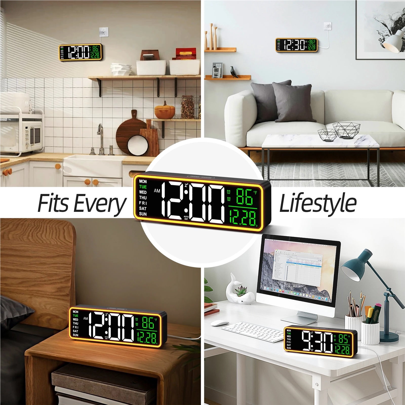 9" Digital Alarm Clocks for Bedroom, Large Display with Night Light, LED Temperature Calendar, Auto DST