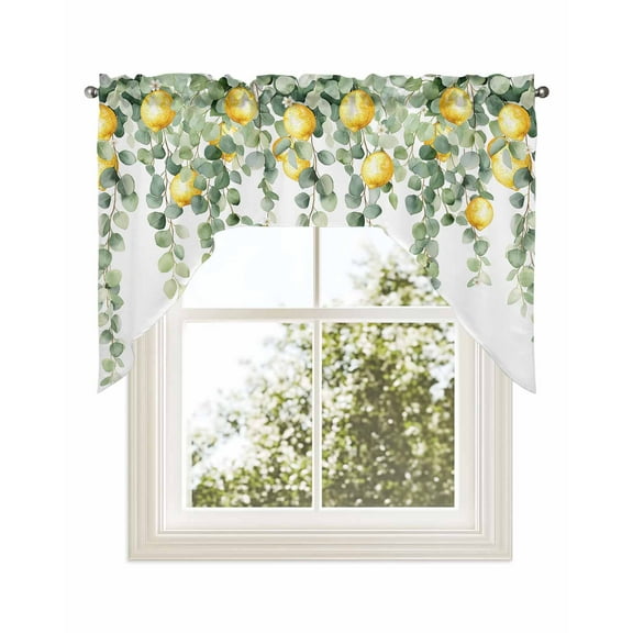 Eucalyptus Lemon Kitchen Curtains Swag Valance for Windows/Bathroom/Cafe, Sage Green Plant Leaf Yellow Fruit Rod Pocket Drape Panel Swag Curtains Valance for Bedroom/Living Room 56"x36"