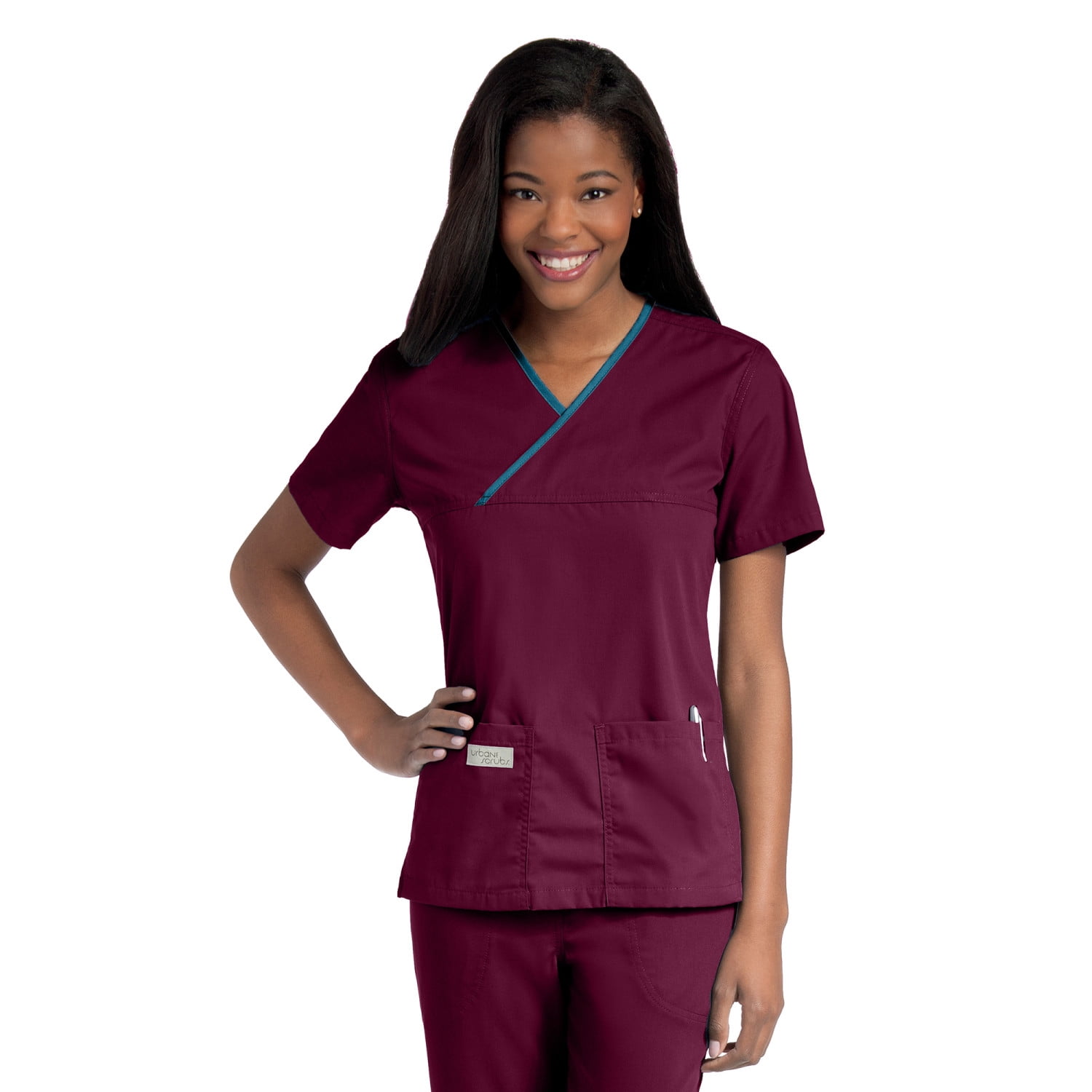 2-Pocket Mock Wrap Neck Scrub Top 