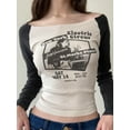 thumbnail image 3 of Yunliwuli Women Long Sleeve Short T-Shirts Letter Vintage Print Boat Neck Shirts Spring Fall Slim Fit Tops Streetwear, 3 of 10