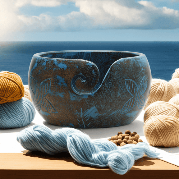 Vriksha Kraft Crochet Yarn Bowl Floral Pattern Mango Wood Blue 1 Piece 7x4