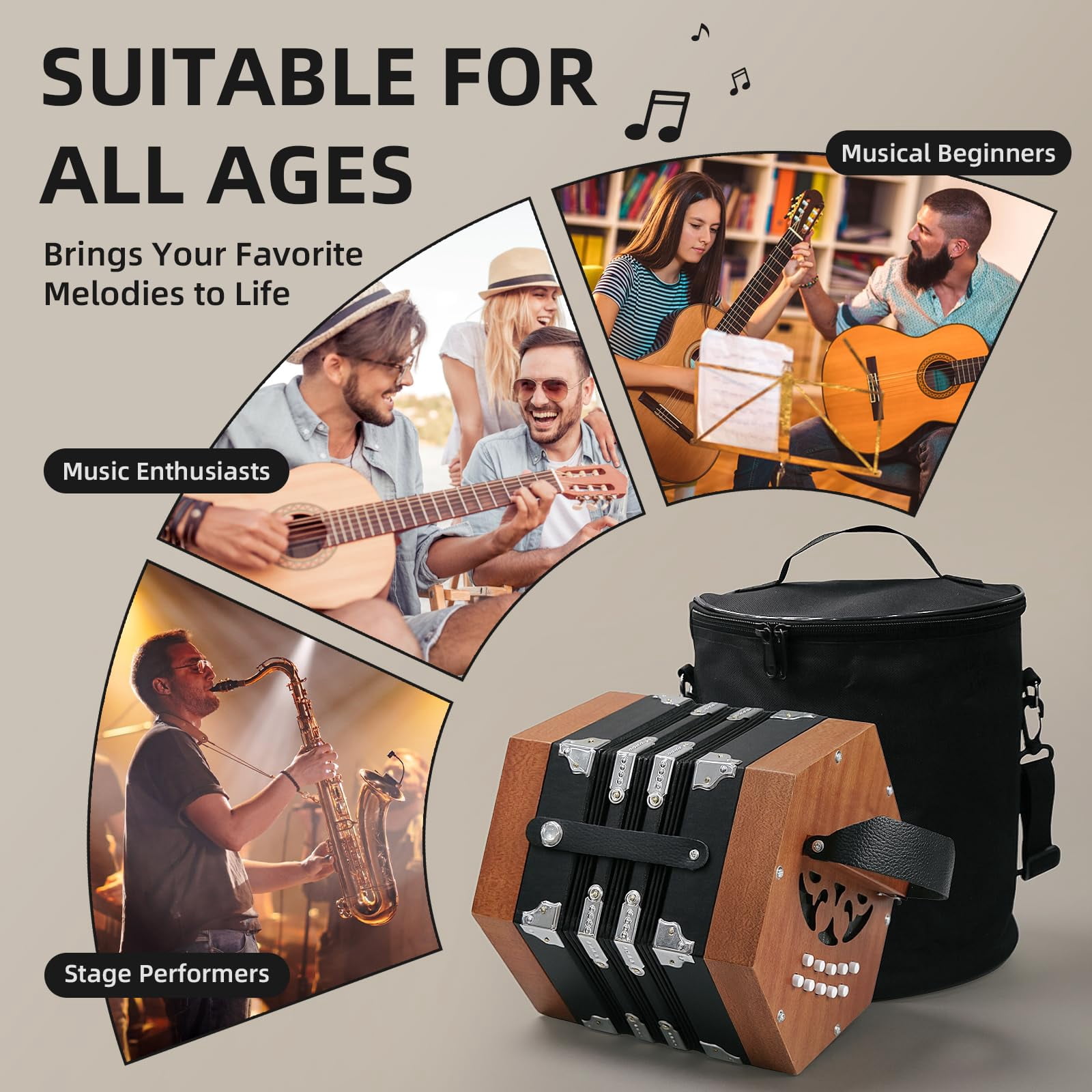 Rowadtim 20-Key Wood Concertina Accordion for Adults, Professional Beginner Instrument with Adjustable Hand Straps and Full Accessories