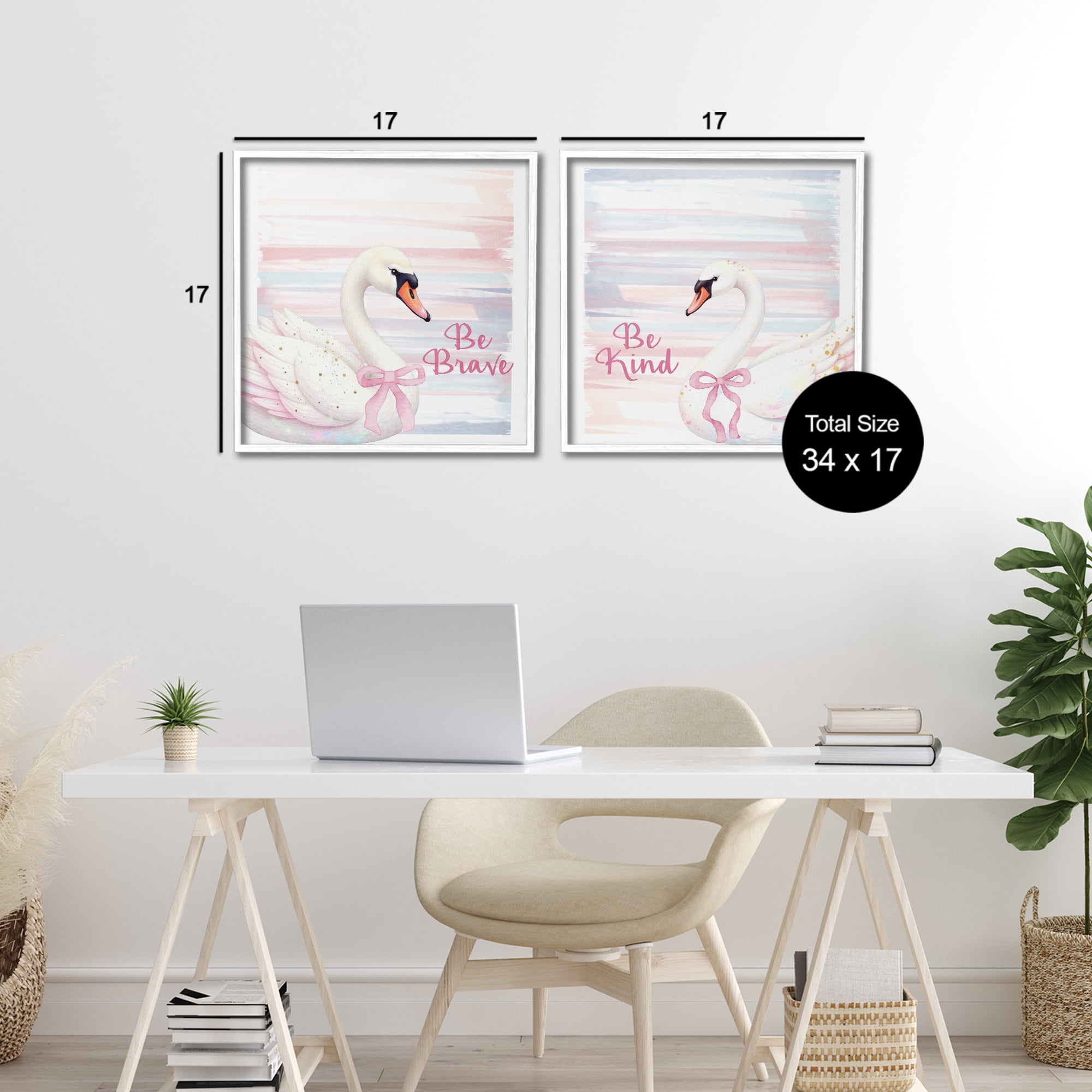 Be Brave & Kind Pastel Swan 2 Piece White Framed Giclee Art Set, design by Kim Allen
