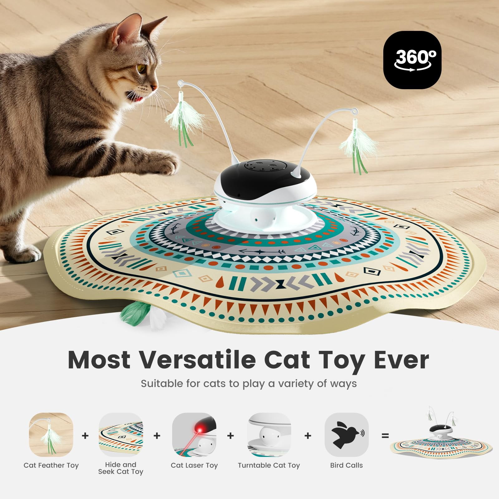 Cat Toys Chargeable 5in1 And Seek Automatic Interactive  Chirping Moving Ambush Track Balls Indoor Exercise Kicker 24 Inch Cover For All Breeds Boho Style - Beige