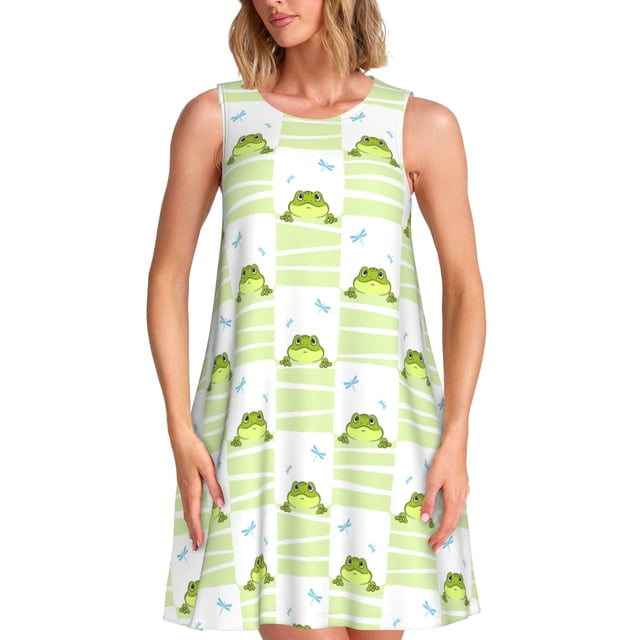 Easygdp Frogs and Dragonflies para Vestido Transpirable de Mujer, Vestido Suelto de Manga Corta con Pliegues y Bolsillos para el Verano