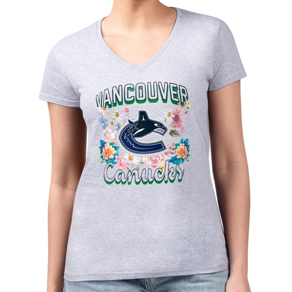 Women's G-III 4Her by Carl Banks Heather Gray Vancouver Canucks Super-Slim Fit Lightweight Flower Logo V-Neck T-Shirt