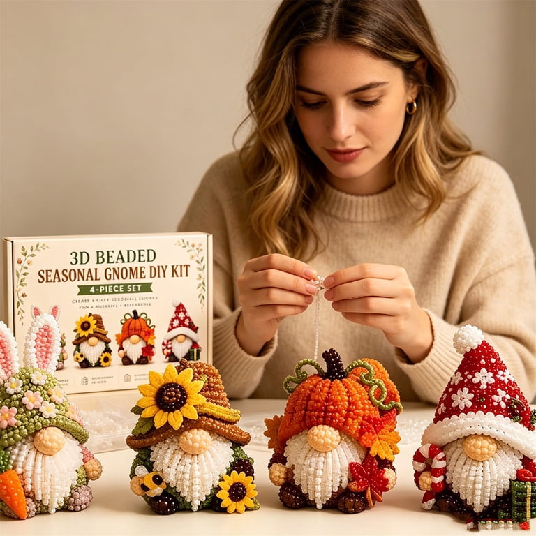 Beaded Gnome DIY Kit 4-Piece Holiday Gnome Bead Art Set, Wenini