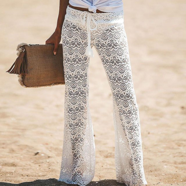 Pantalones de mujer Pantalones largos de playa calados con encaje Pantalones de protección solar con corte de bota