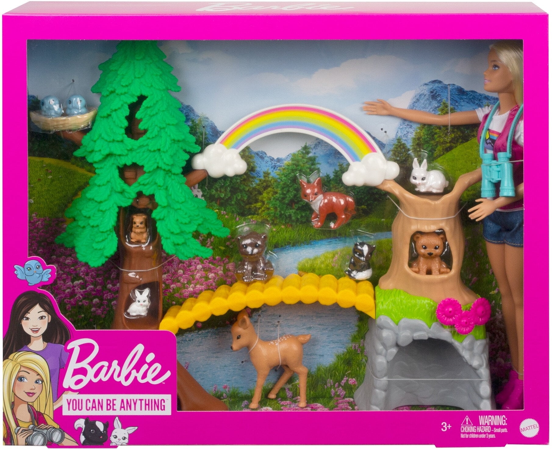 Barbie Wilderness Guide Doll & Playset, Blonde Doll with 10 Animal Figures, Tree, Rainbow & More