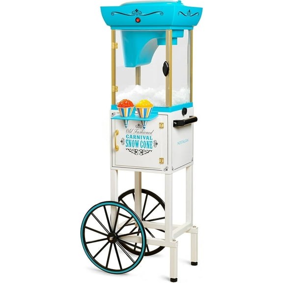 Nostalgia Retro Snow Cone Cart Slushie Machine & Shaved Ice Maker, White Blue