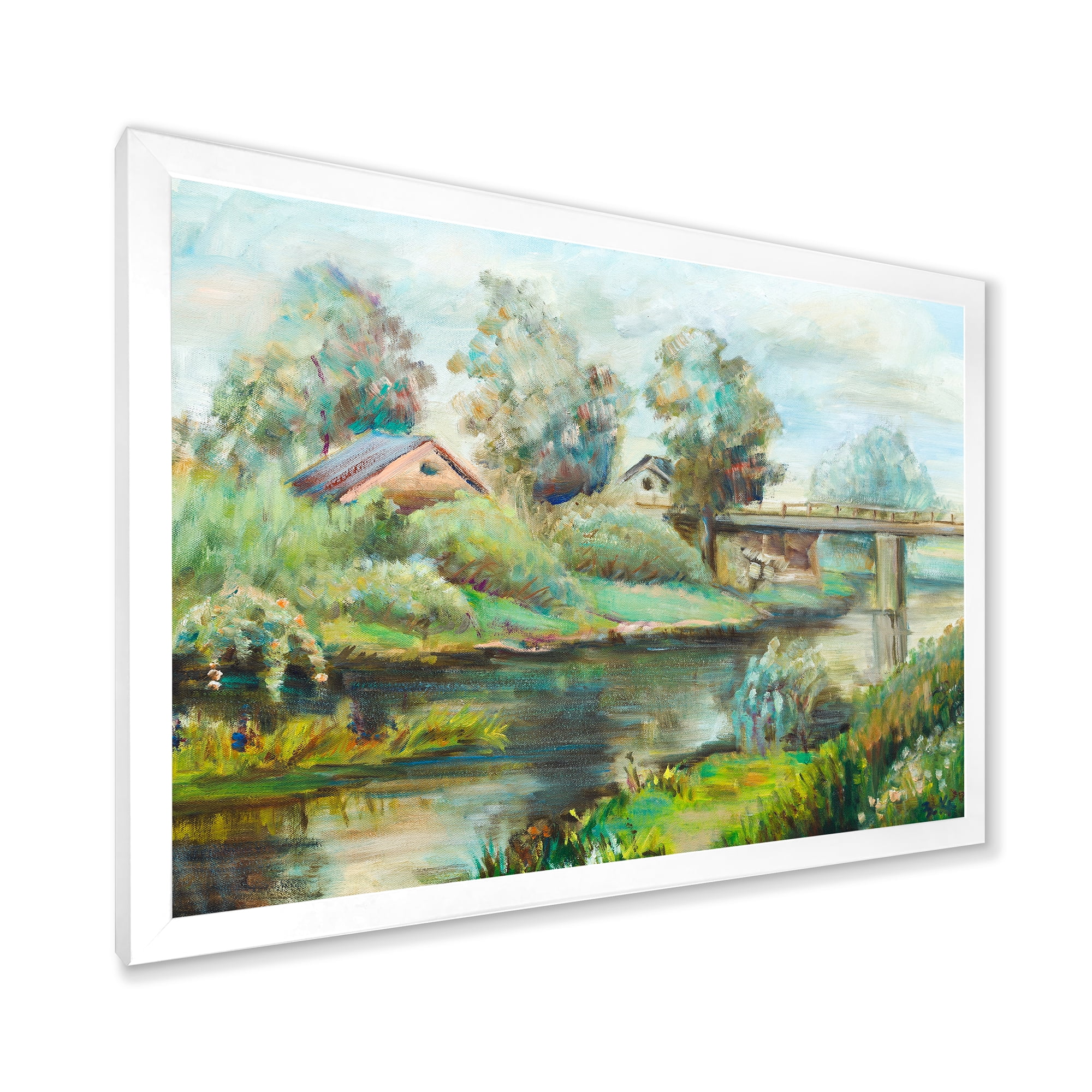 Designart 'Rustic Landscape With Bridge On The River' Lake House Framed Art Print