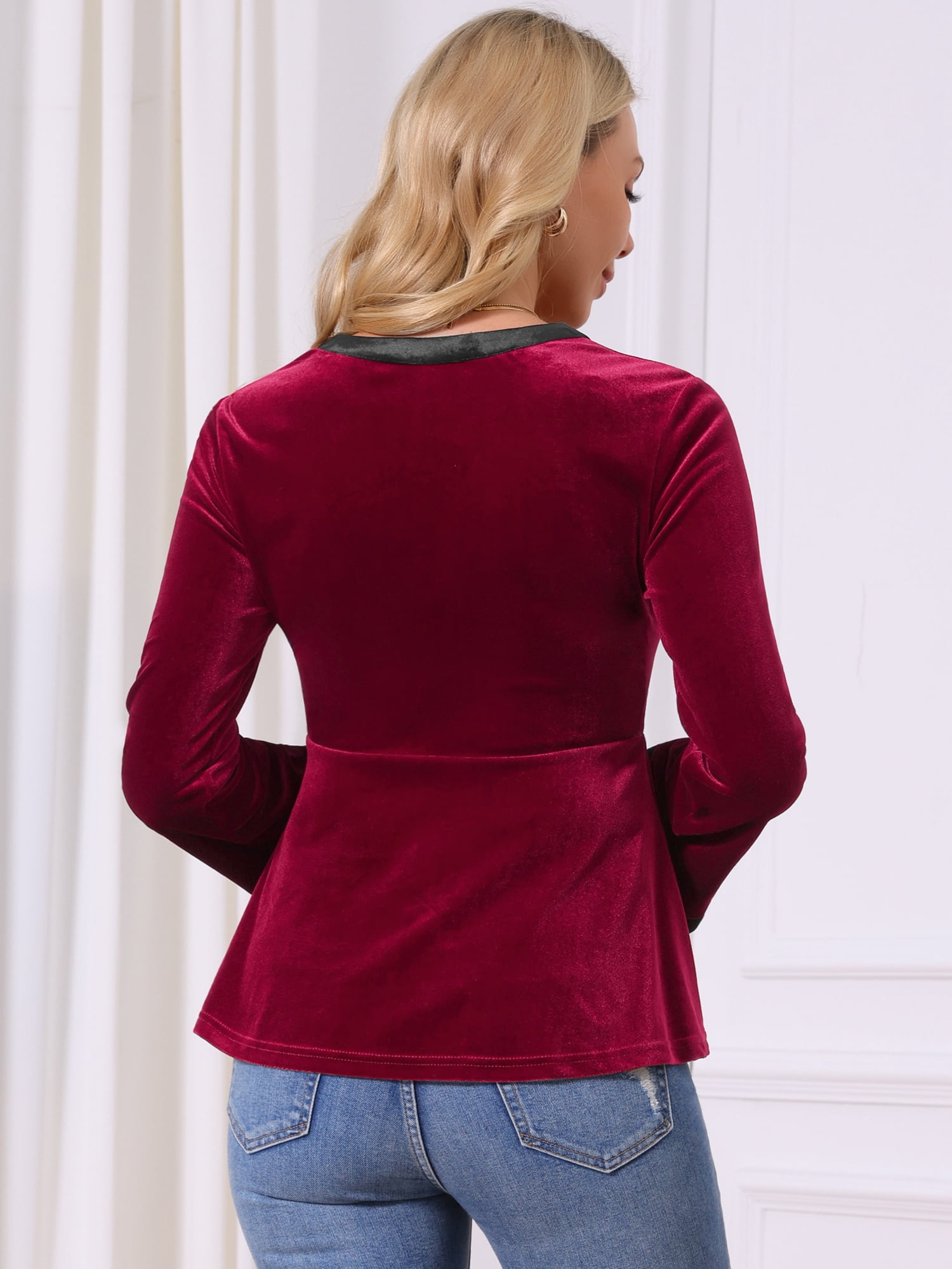 DARING DIVA Women's Velvet V Neck Long Sleeve Babydoll Peplum Top L Burgundy