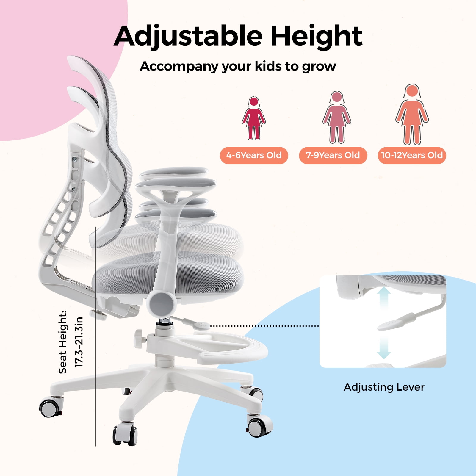 Kids Study Desk Chair, Ergonomic Adjustable Height Children's Study Chair, Swivel Mesh Desk Chair with Wheels, Home Office Chair for Children in Home Bedroom-Includes 2 Free Chair Covers