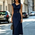 thumbnail image 4 of Morttic Women's Solid Color Sleeveless Cowl Neck Midi Dress – Elegant Ruched Tied Waist A-Line Dress Office & Party Wear Navy Blue，M, 4 of 6