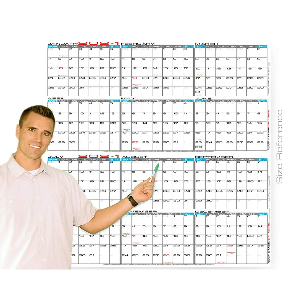 JJH Planners - Laminated - 48" x 48" Jumbo 2024 Erasable Wall Calendar