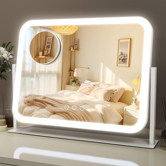 Lighted  Mirror, 17"x13" Vanity Mirror with Lights, 10X Magnification, Gifts for Women, 3 Color Lighting Modes,  Touch Control, 360? Rotation for  or Tabletop (White)