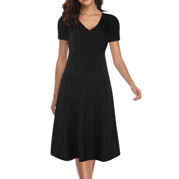 QUYUON Midi Dresses for Women Formal Short Sleeve V-Neck Cocktail Dress Solid Color Casaul Summer Tunic Dresses A-Line Wedding Guest Evening Party Mid-Length Dress Style D-1937 Black S