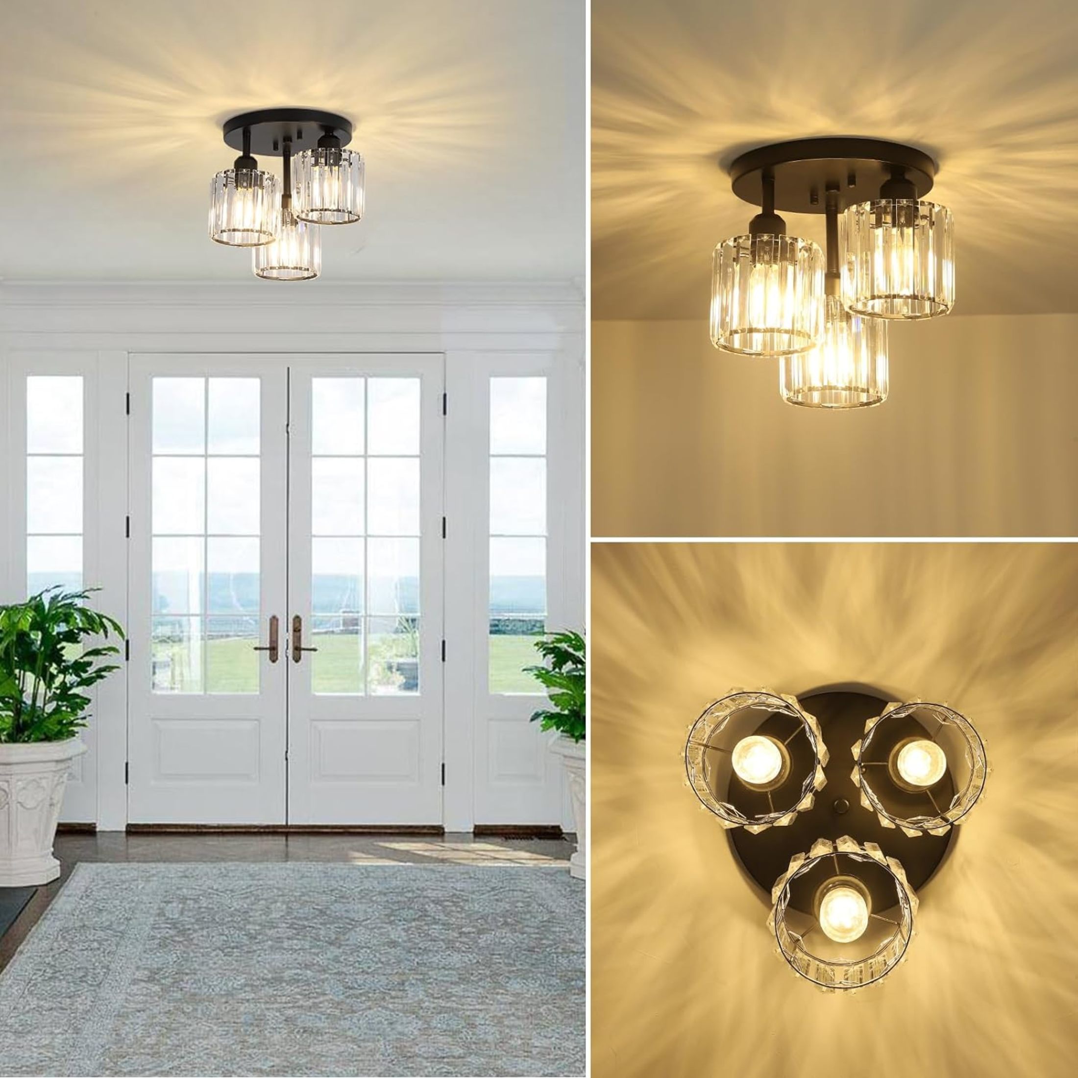 Noble House 13" Crystal Semi-Flush Ceiling Light, Modern Metal Frame, 3-Light E26, Clear Crystal Shade, Black