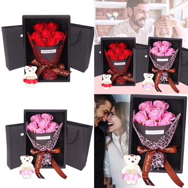 Caja de regalo con 7 rosas de jabón, ramo de oso de peluche, regalo de San Valentín para cumpleaños, fiesta y aniversario