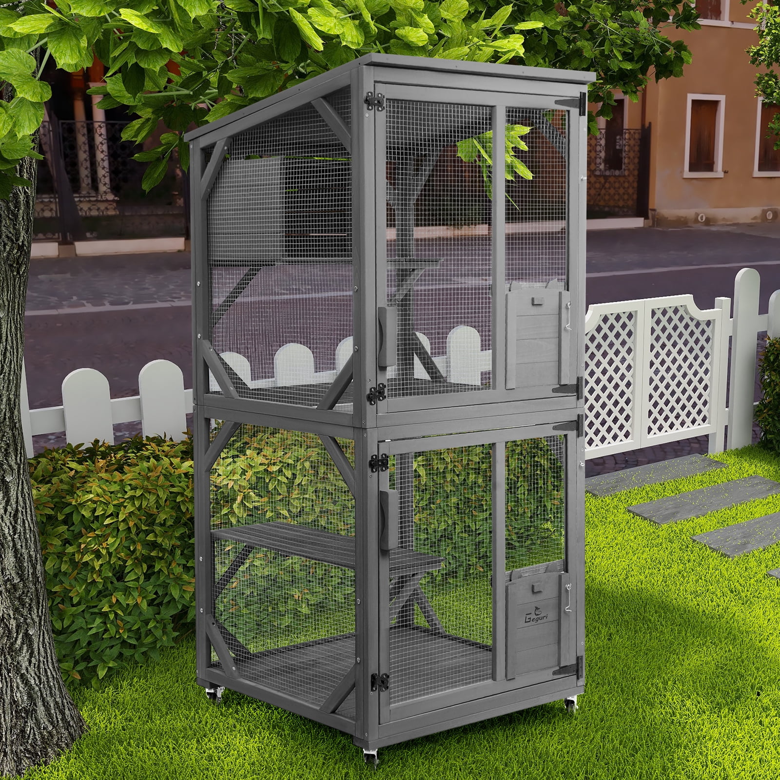 Cat Catio Outdoor Cat Enclosure, Large Wooden Kitten Patio Indoor with Upgraded Resting Box, Waterproof Roof