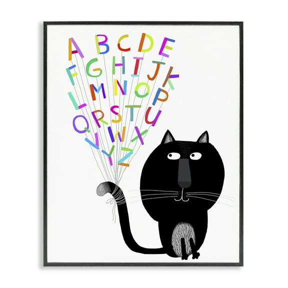 Stupell Industries Cat with Alphabet Animals & Insects Painting Black Framed Art Print Wall Art, 11 x 14