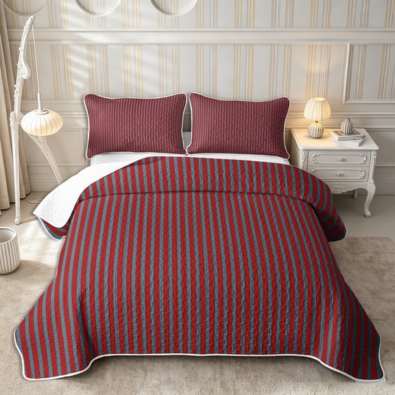 Castle Fairy Abstract Minimalist Vertical Line Twin Quilt Set 2 Pieces,Geometric Strip Pattern Twin Coverlet Set,Deep Red Slate Blue,1 Bedspread and 1 Pillowcase