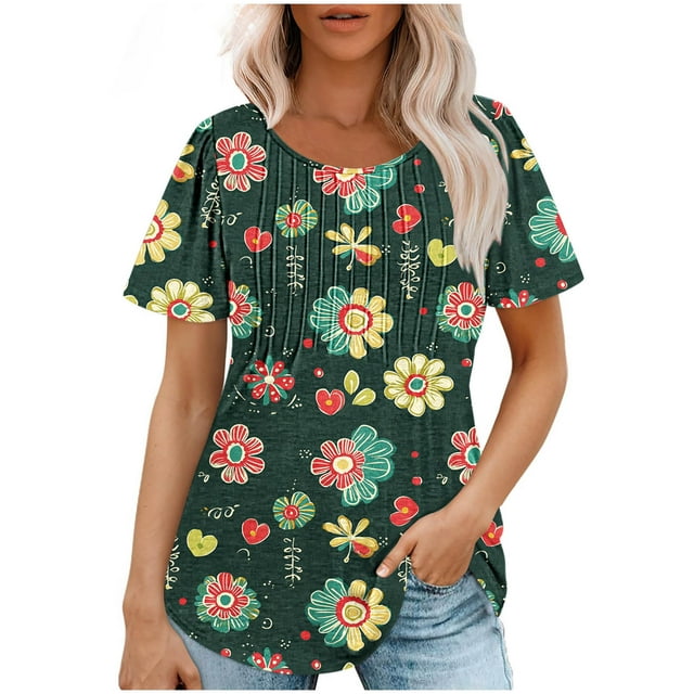 Camiseta de Cuello Redondo de Impresión Floral Casual de Manga Corta de las Mujeres, Blusa de Verano de Moda Ligera para el Día Y la Fiesta