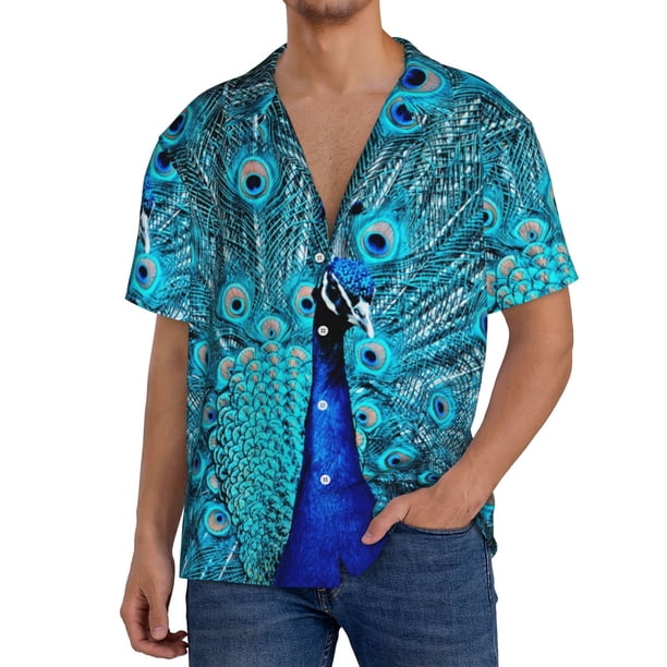 Balery Beautiful Blue Peacock Camisa Casual de Manga Corta con Botones para Hombre, Texturizada, Estilo Cubano, para Playa, Verano-Small
