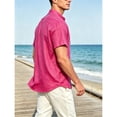 thumbnail image 6 of Mens Cotton Linen Henley Shirts Hot Pink Casual Short Sleeve Shirt Hippie Hawaiian Band Collar Tee, 6 of 8