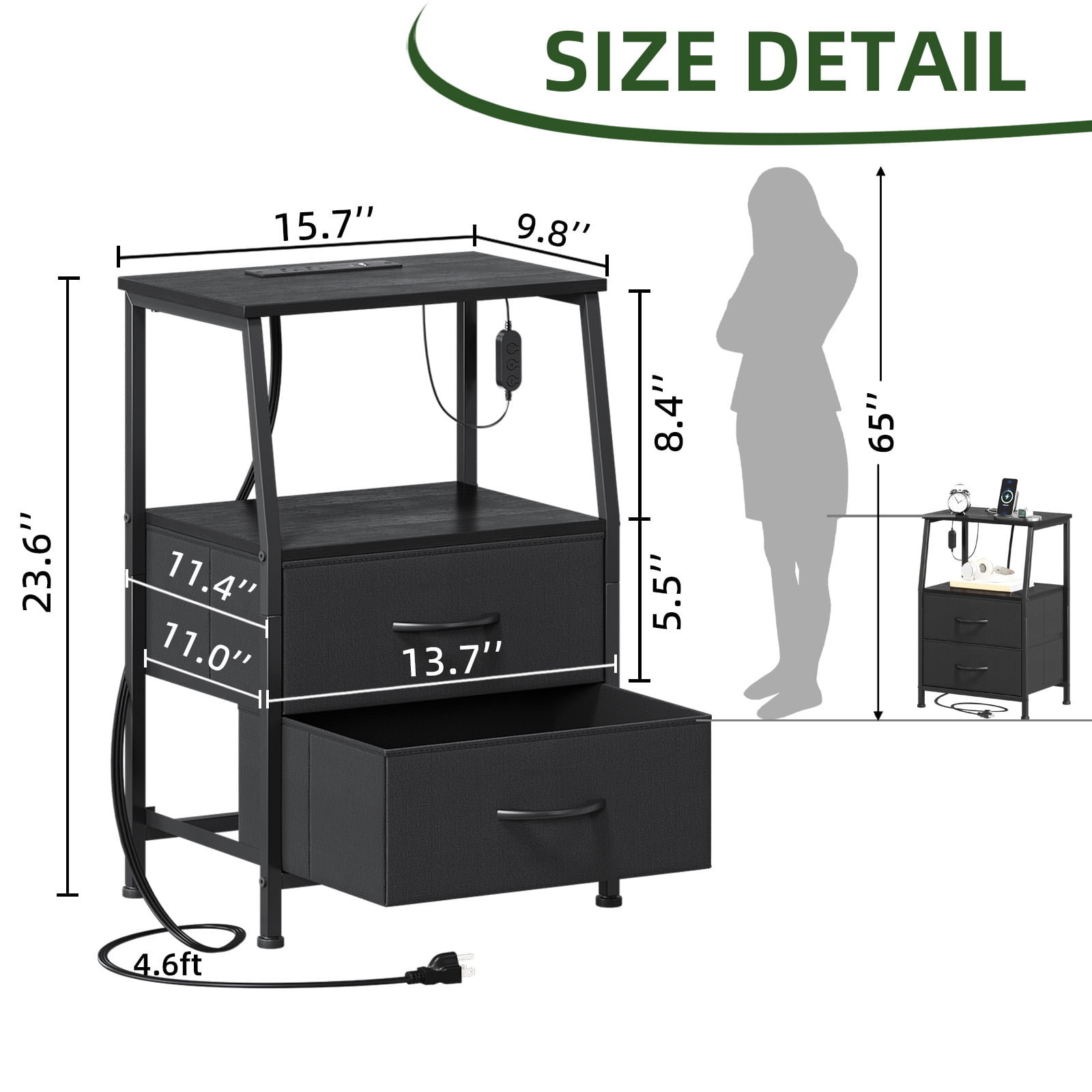 Eunos Small Nightstand with Charging Station for Bedroom, 2 Black Drawer Dresser with Storage Shelfs