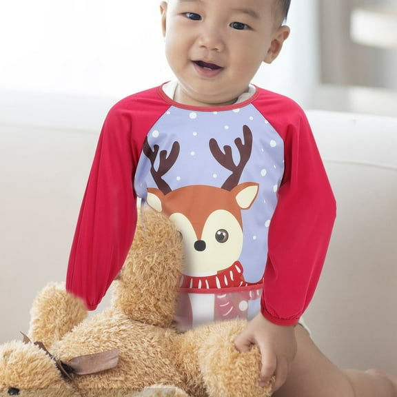 STRANDCHIC Waterproof Red Cotton Sleeved Bib for Babies and Toddlers Easy Clean Highchair Feeding Size 16.5 x 22.5