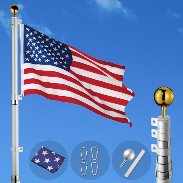 YesHom Kit de mât de drapeau télescopique en aluminium de 25 pieds Calibre  16 3'x5' Drapeau américain et mât de drapeau télescopique Fly 2 drapeaux 