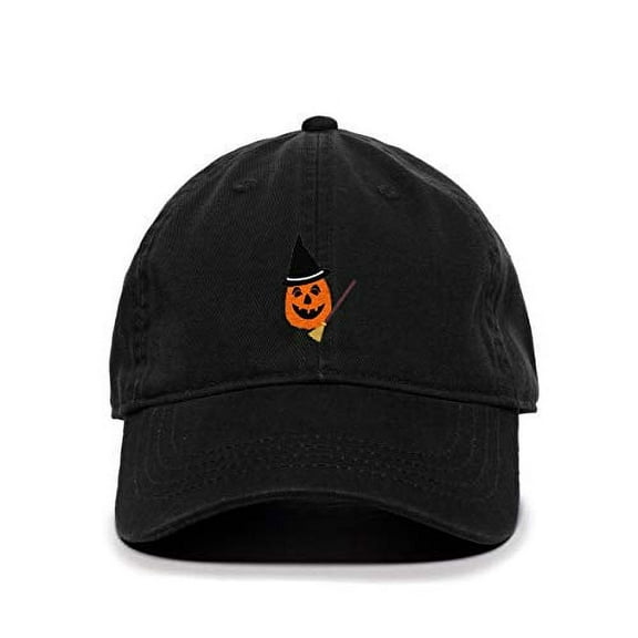 Halloween Pumpkin with Broom Baseball Cap Embroidered Cotton Adjustable Dad Hat Black