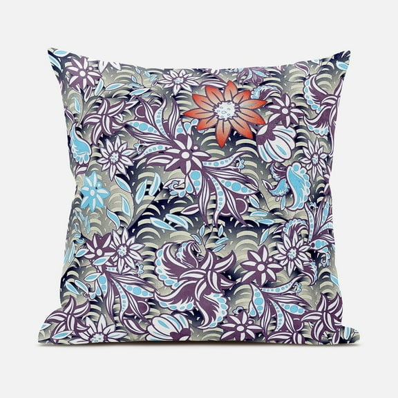 Flying Floral Paisley Throw Pillow with Removable Cover in Purple Gray Blue 16x16