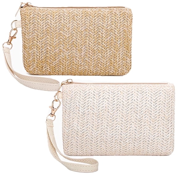 Straw Clutch Bag for Summer Beach, Stylish Zipper Wristlet Wallet for Women, Bohemian，2 Pcs
