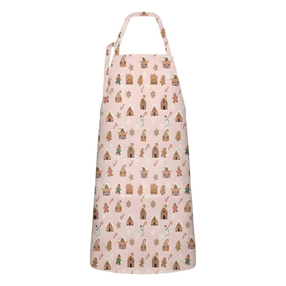 Pink Christmas Gingerbread House Apron-Garden Aprons for Women with Pockets-Cotton Linen Waterproof Kitchen Cooking Gardening Aprons Adjustable for Kitchen,Cooking,BBQ and Salon 32"x27"