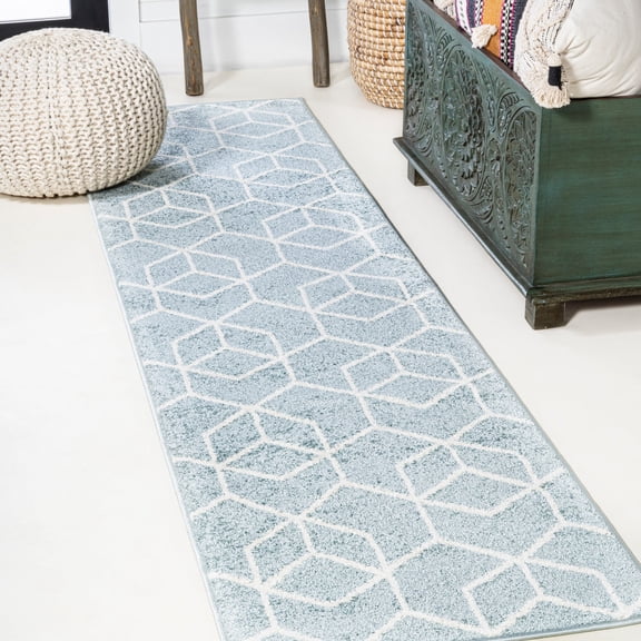 JONATHAN Y SUPERSOFT 2 x 8 Runner Rug, Tumbling Blocks Modern Geometric - Light Blue/White, SEU101C-28