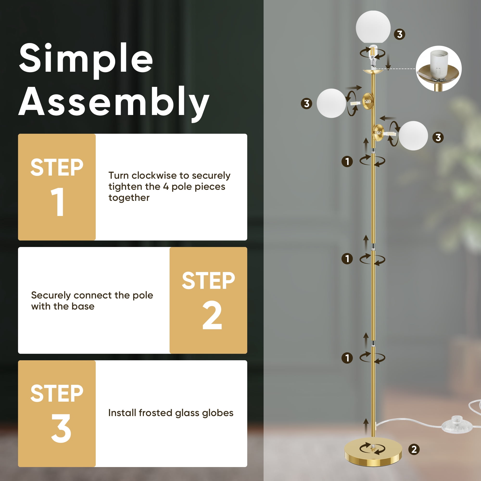 65.7in Gold 3-Light Globe Floor Lamp Modern Standing Tree Lamp with Frosted Glass Shades & Foot Switch for Living Room Bedroom