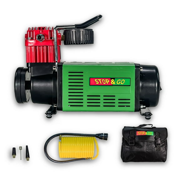 Open Box Stop & Go W0002 12 volt Single Piston Tire Inflator - 7.5ft Alligator Clip Power Cord Hooks Up To Virtually Any 12V Battery