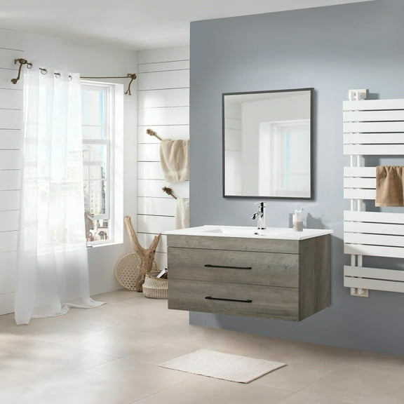 Yardi Yarda 32-Inch Gray Wood Grain Wall-Mounted Bathroom Vanity with Double Drawers, Modern Vanity with White Ceramic Sink and Black Aluminum Frame Mirror for Indoor, Gray