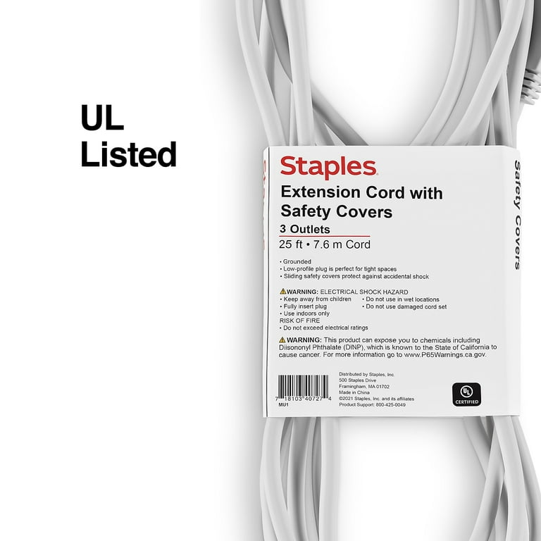 Staples 25' Extension Cord 3-Outlet with Safety Covers Gray (22129) 398823
