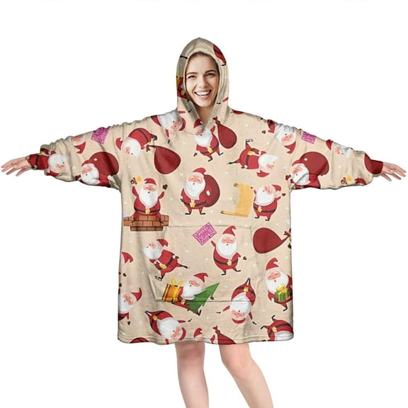 Wearable Oversized Blanket,Beige Christmas Santa Pattern Wearable Blanket Hoodie for Adults,Cozy Hooded Blankets with Super Pockets,Super Warm Fuzzy Pullover for Women & Men