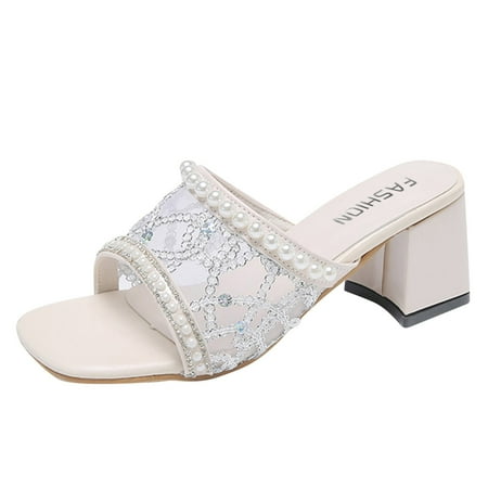 

Spring And Summer Fashion Women Sandals Thick Heel Medium Heel Casual Mesh Rhinestone Pearl Slippers Pu sandals for Women Silver